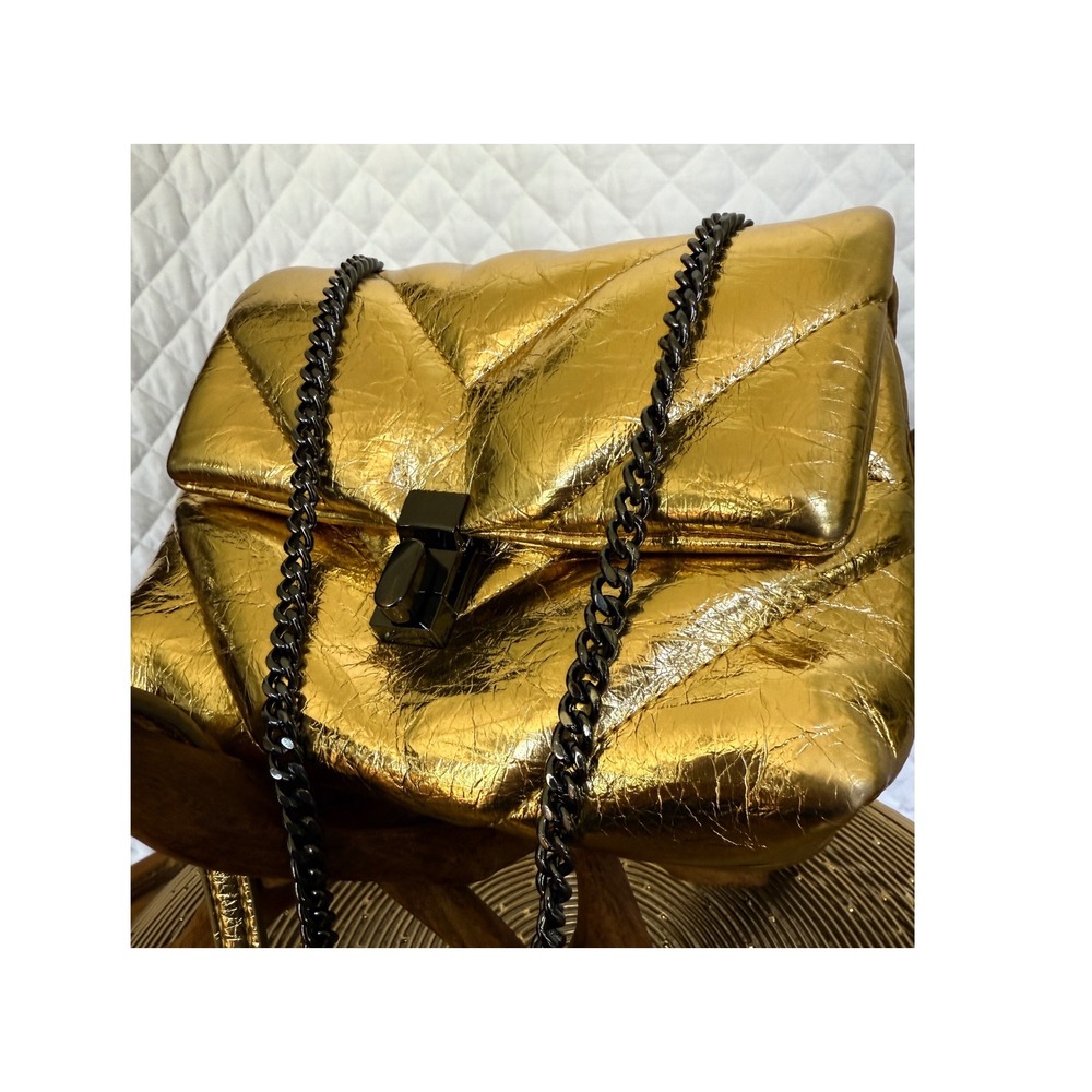 Disco Chic Zara Metallic Gold Quilted Crossbody Puffer Bag Chain Strap Turn Lock